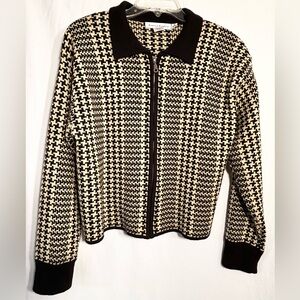 WOMENS MEDIUM WOOL BLEND HOUNDSTOOTH COLLARED ZIP FRONT LONG SLV SWEATER JACKET